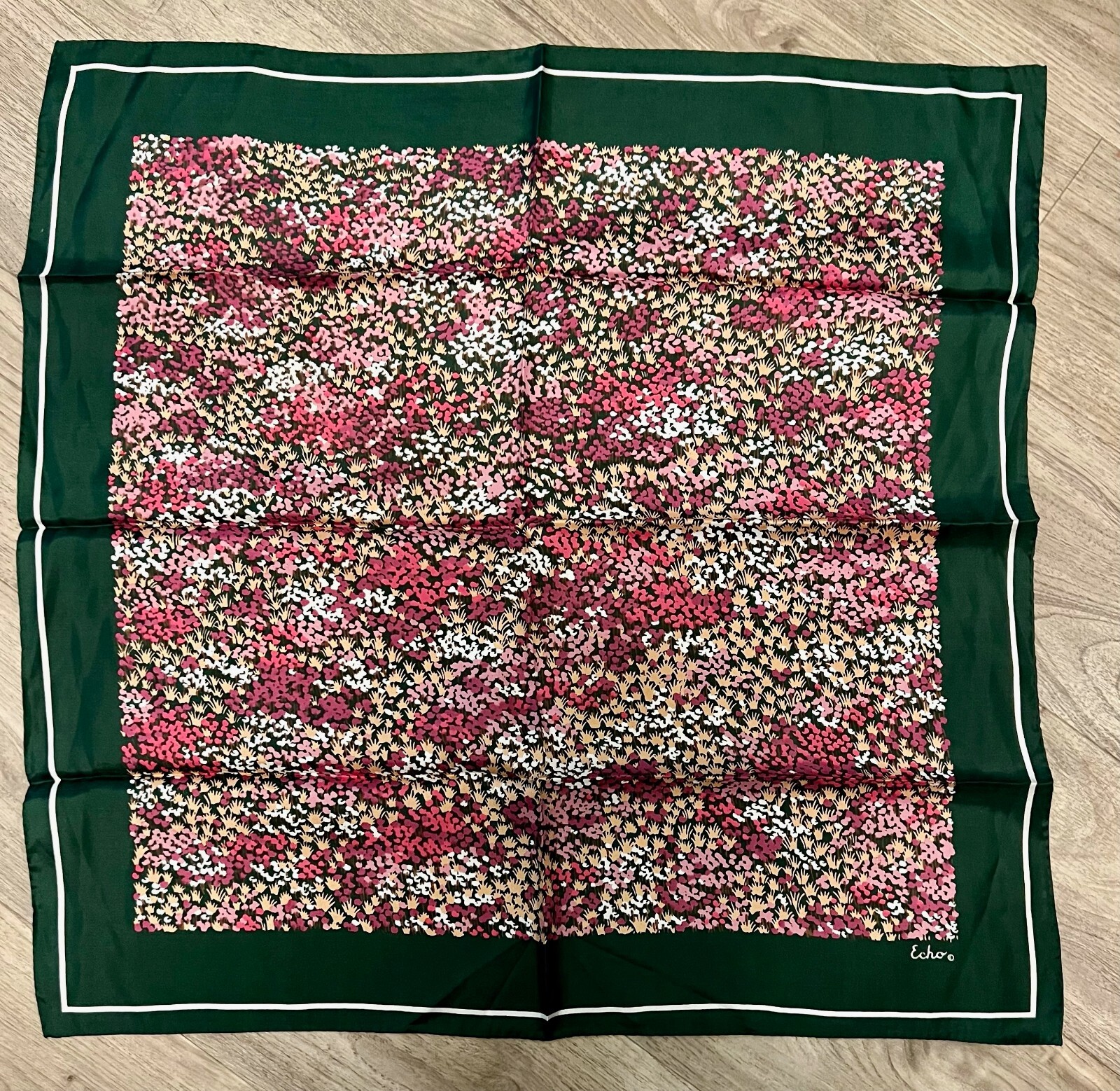 Vintage ECHO Scarf 100% Chinon Silk Hand Rolled Green Flower Field 23in x 23in