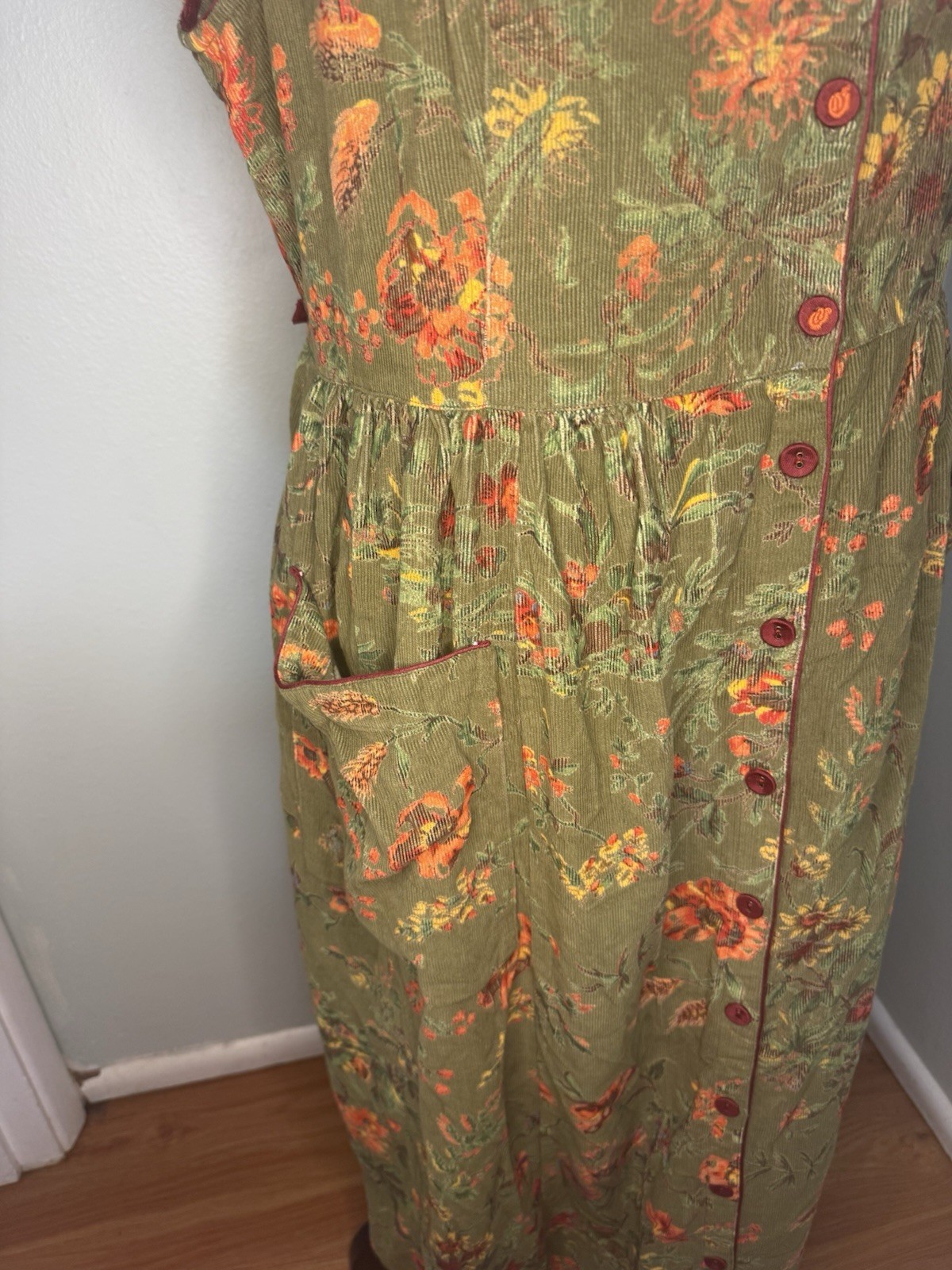 April Cornell Vintage Green Corduroy Dress XXL Sleeveless Button Front Pockets