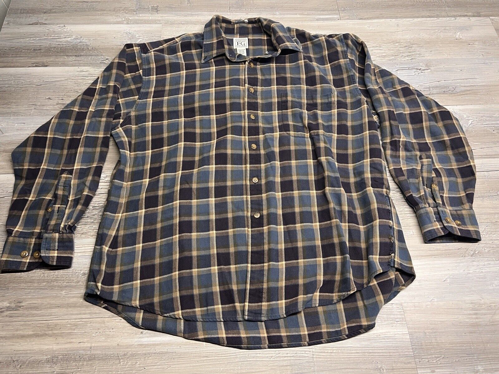 Vintage Field Gear Cotton Flannel Button Front Shirt Blue Brown Size XL