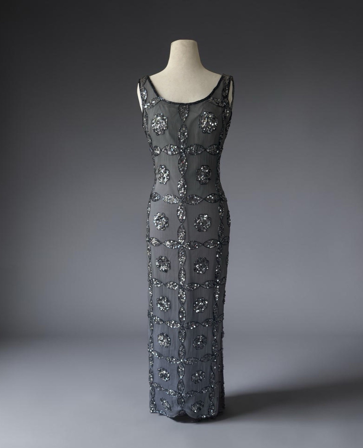 Vtg 90s Scala 100% Silk Gray Beaded Sequin Evening Gown Sz M Prom Y2k