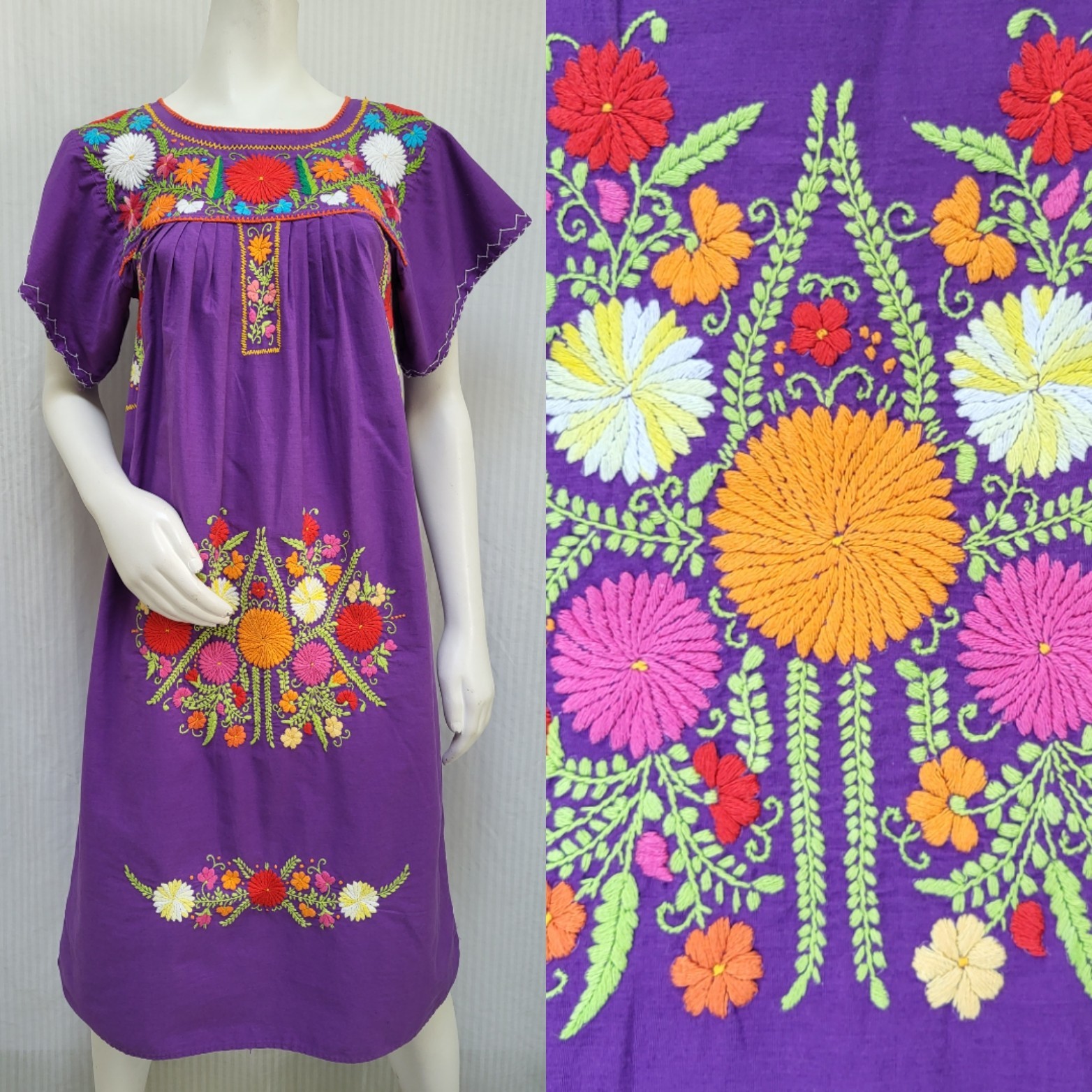 BEAUTIFUL VINTAGE MEXICAN OAXACAN Purple Multi Colored EMBROIDERED DRESS -Size S