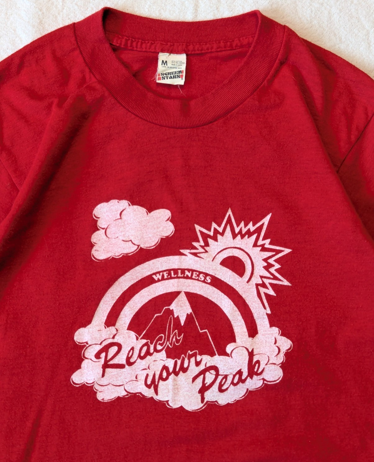 Screen Stars Vintage 80s Red Graphic “Wellness” Mountain Nature Tee S/M USA
