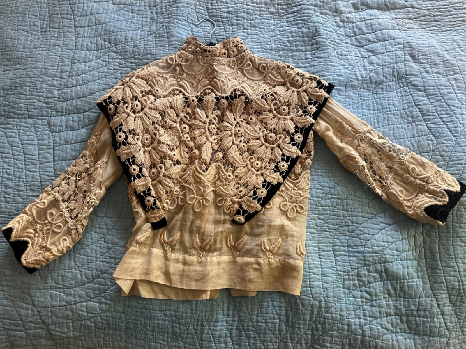 Edwardian Hand Made Irish Crochet Lace and Velvet Blouse Bodice Rare Antique