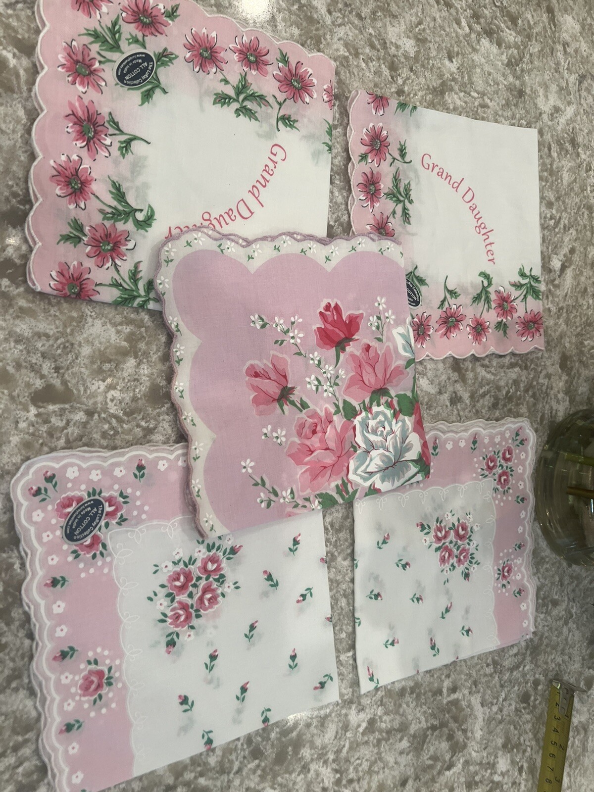 5 New Pink Roses Floral Grand Daughter Handkerchief – LuRay Hankie! Set Vtg