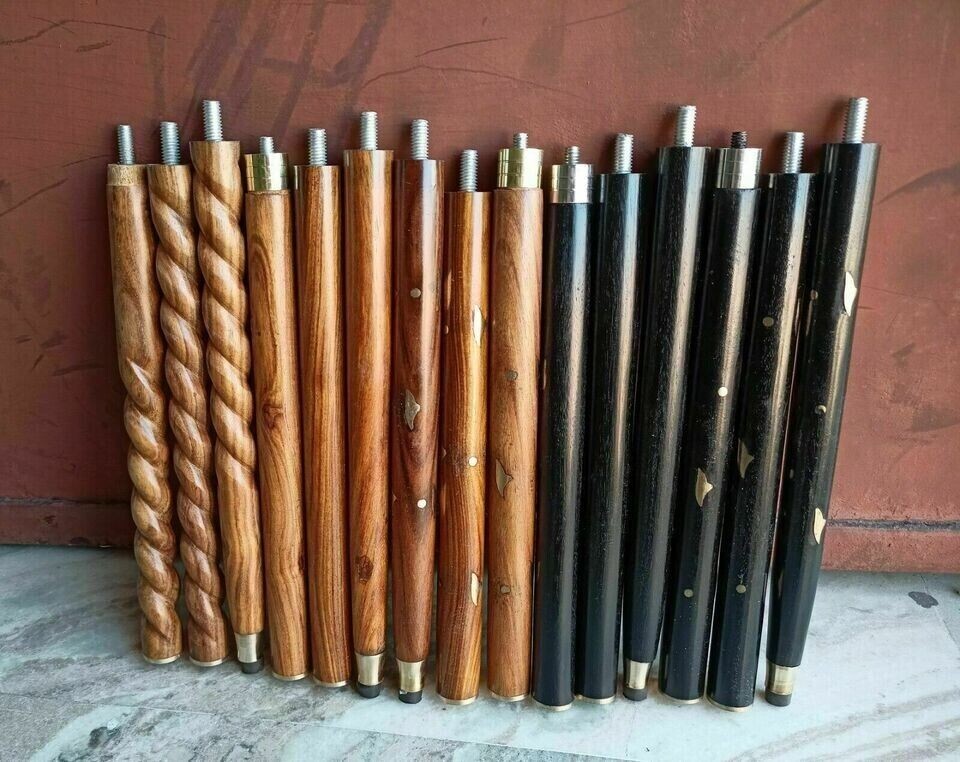 Antique Lot OF 5 Solid Black &Brown Walking 3 Fold Stick Cane Only wood shaft)