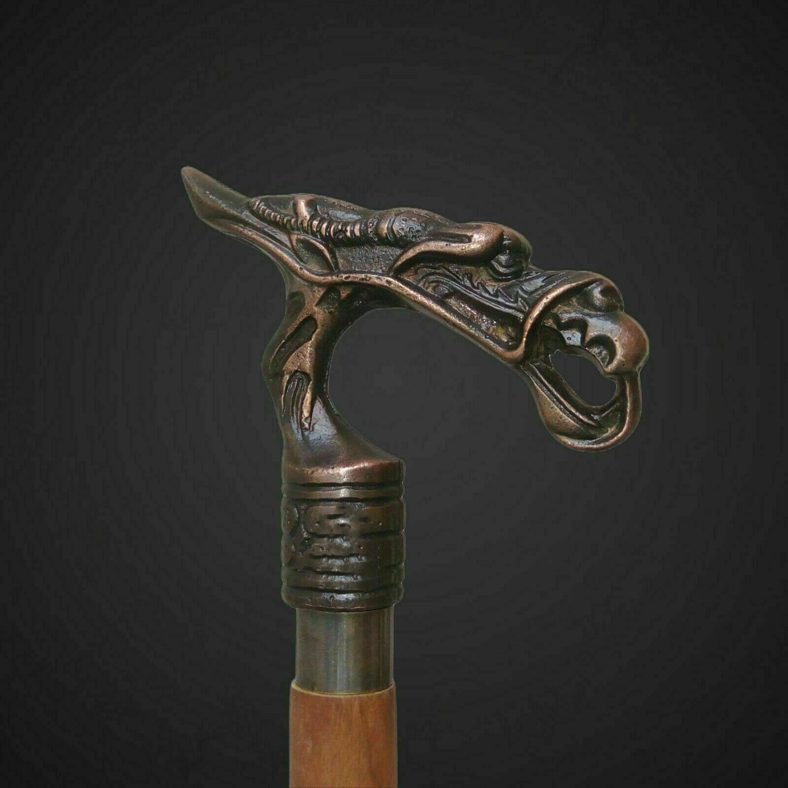 Vintage Wooden Walking Stick Cane Designer Dragon Head Antique Handle Style Gift