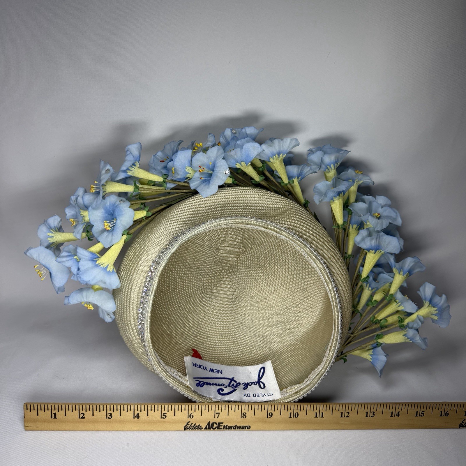 Jack McConnell Red Feather Hat Vintage Blue Flowers Rhinestones Church Derby EUC