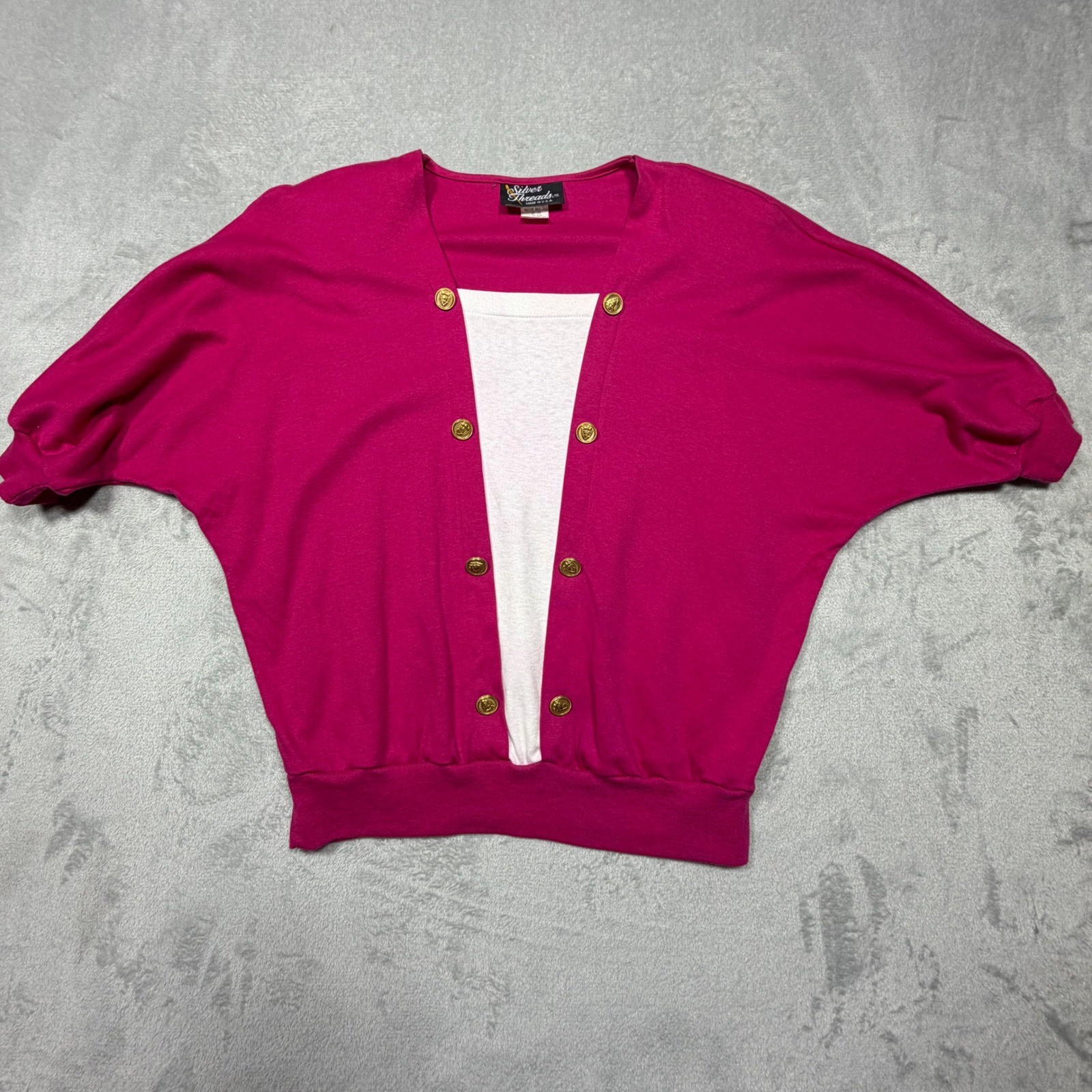 Vintage 80s Silver Threads Magenta Batwing Button Top Small Pink Cotton Blend
