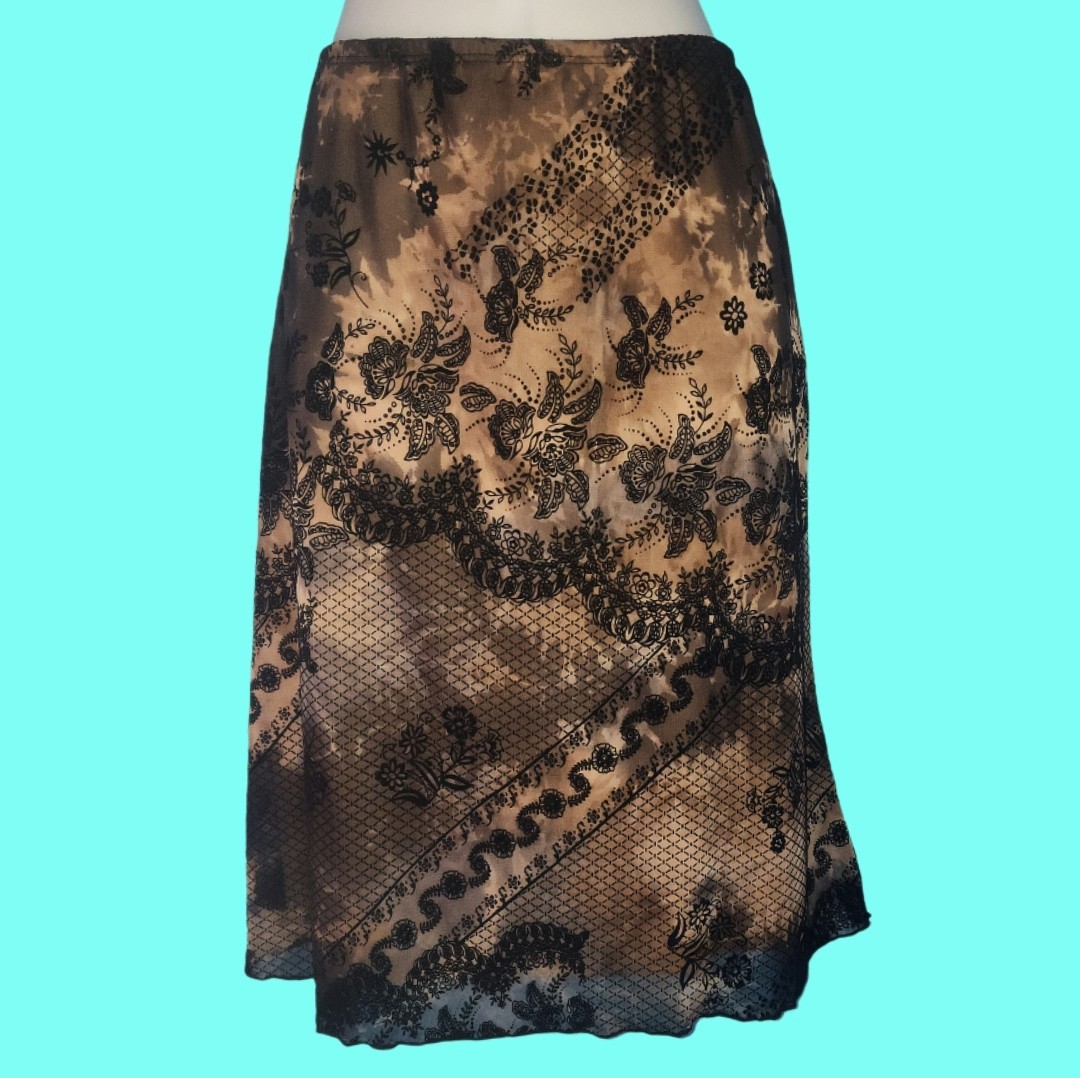 VINTAGE 90’s Y2K RAVE Nude Illusion Black Velvet Mesh Skirt Glam Goth Grunge XL