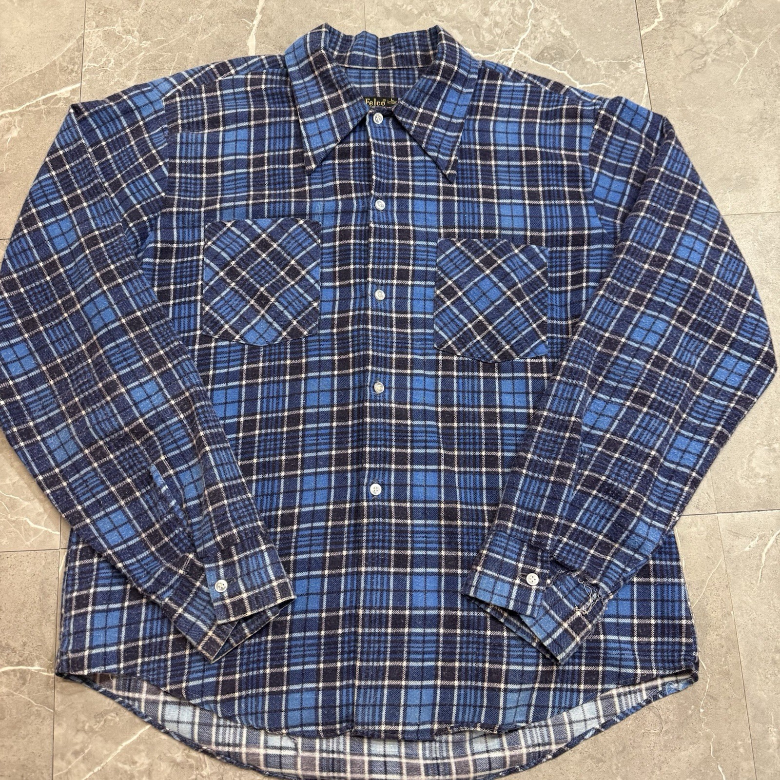 Vintage 60s 70s Felco Permanent Press Blue Plaid Button Down Shirt Size Large