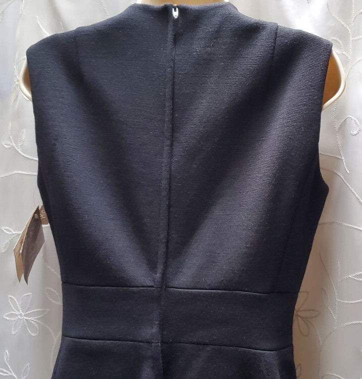 Vtg BUTTE KNIT BLACK SLEEVELESS FAUX WRAP A LINE DRESS RHINESTONE TRIM 12 U.S.A.