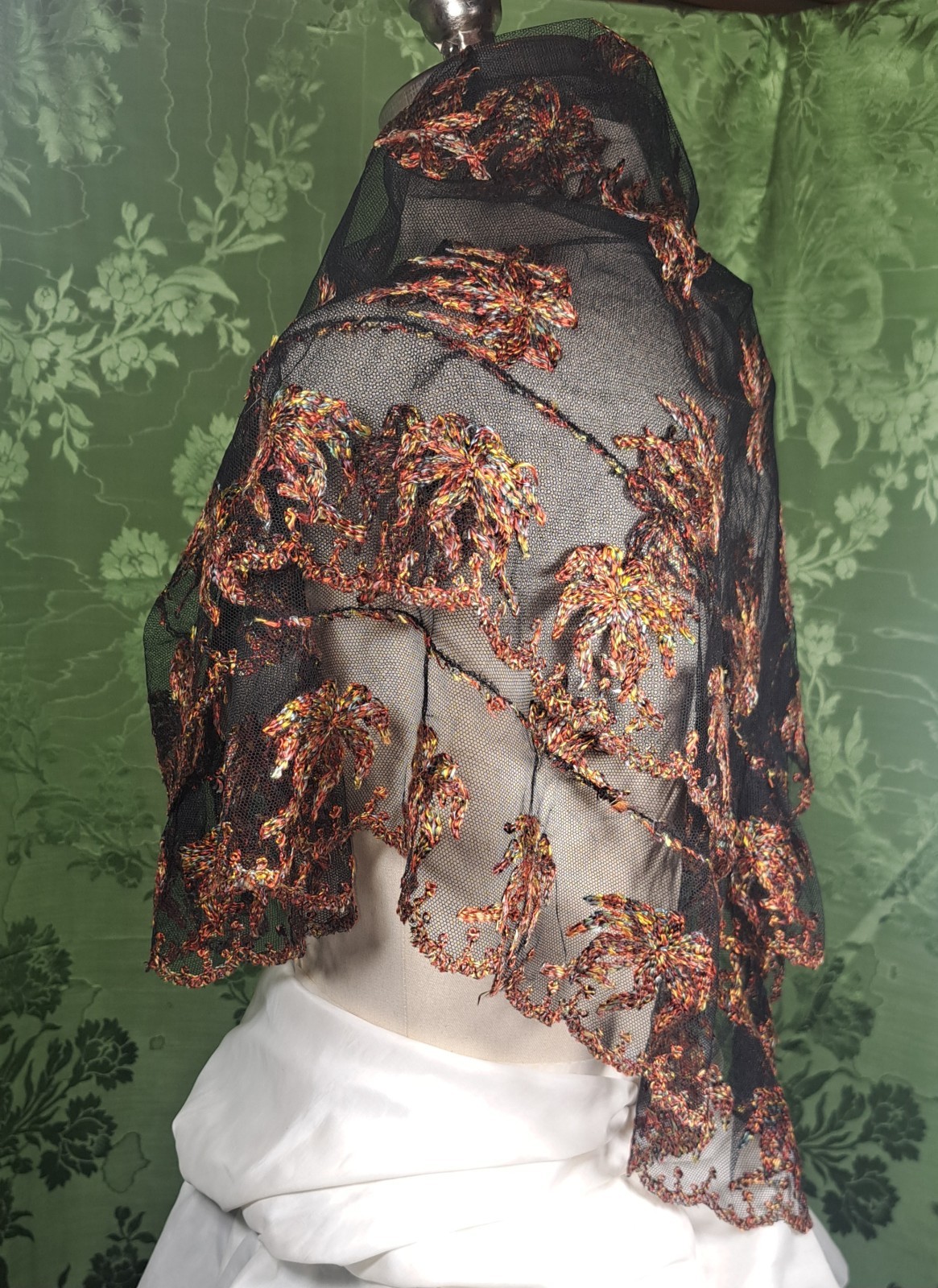 EDWARDIAN MULTI-COLORED EMBROIDERED SHAWL ON NET