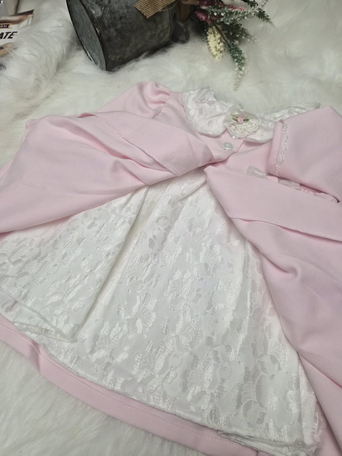 Vintage 3 pcs Baby Girl Dress Outfit Rose Cottage Size 12m Pink