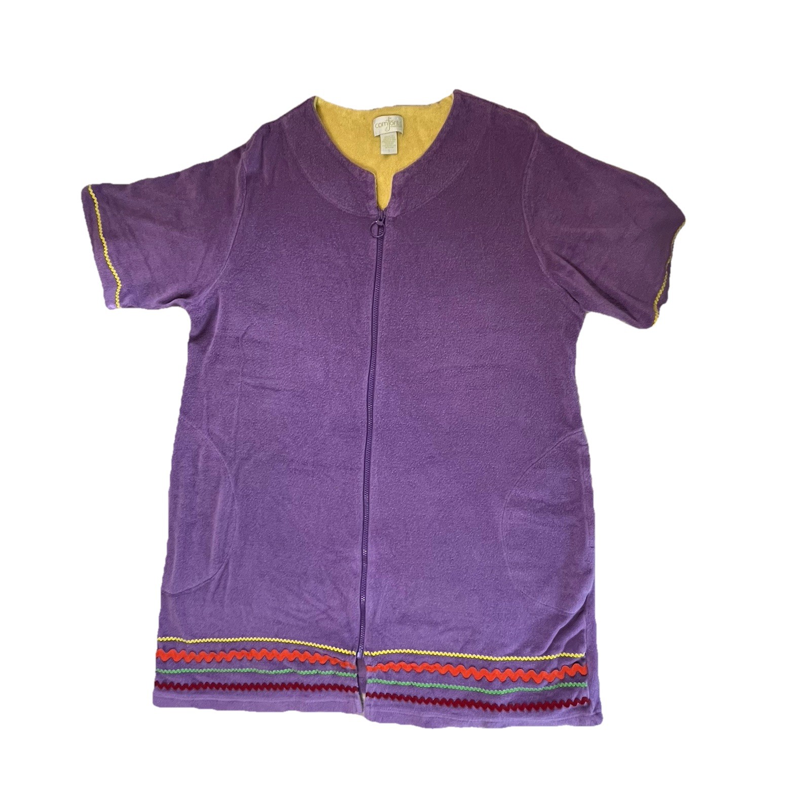 Vtg Comforts by Shadowline Purple Terry Cloth Housecoat/Coverup SZ L Rickrack