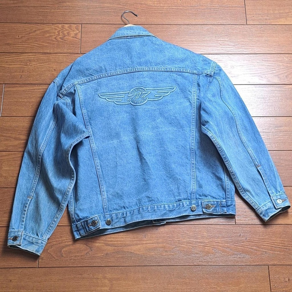Vintage 90s Boeing 717 Embossed Denim Jacket Tagged Small Fits M/L