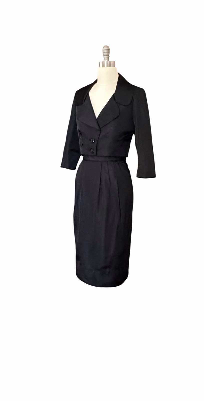 Vintage 1950s Black Tailored Skirt Suit With Cropped Jacket By Helen Rose