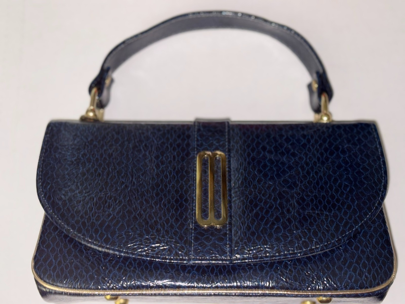 Vintage Air Step Dark Blue Faux Snake Skin Handbag 50s 60s Top Handle Satchel