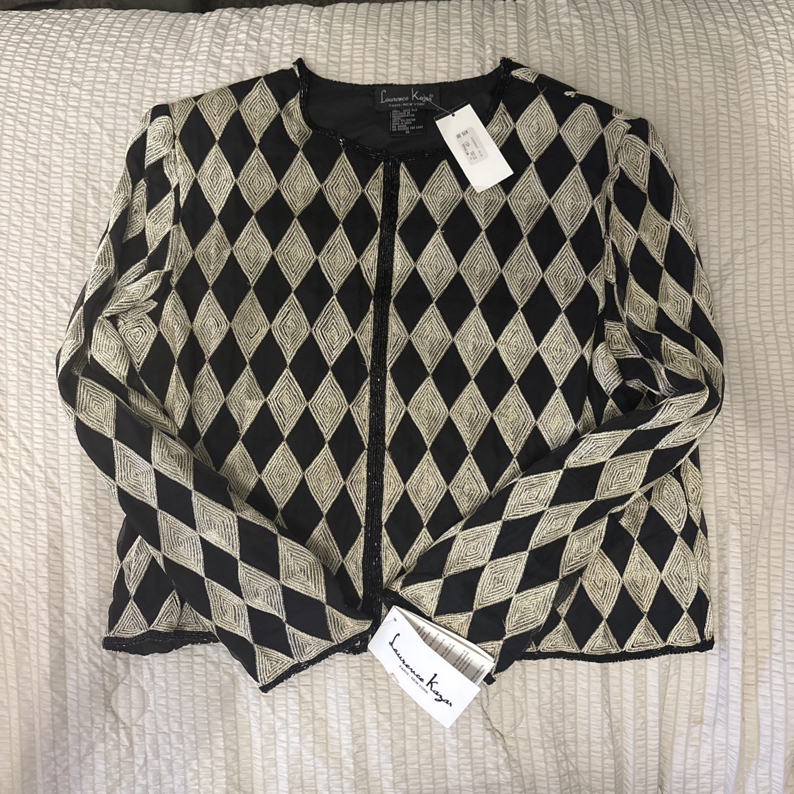 VTG Laurence Kazar Lady Jacket Size XL Gold Black Diamond Silk Beaded NWT