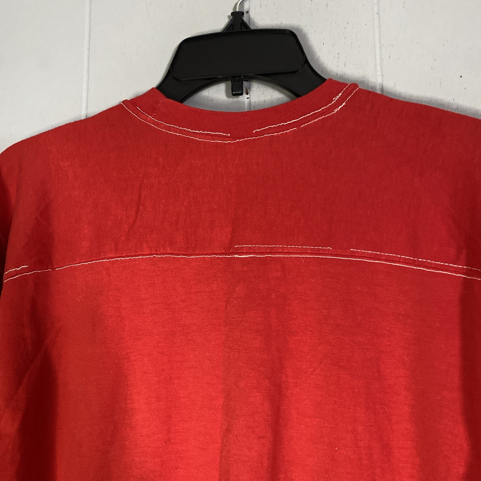 Vintage 80s Single Stitch T Shirt Red Sportswear Ringer Sleeve 19×29 Fits Medium