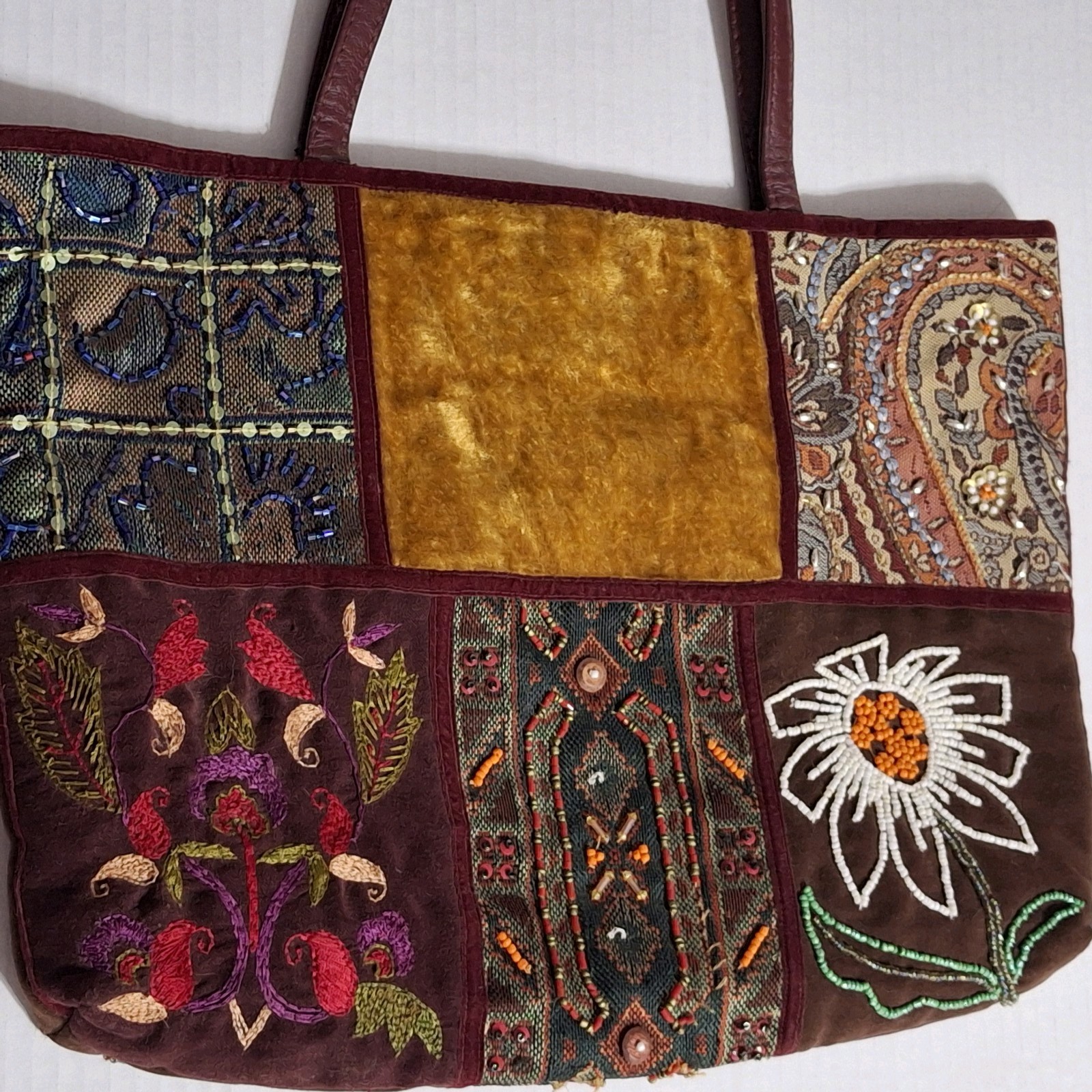 Vtg Christiana Multi-colored Mixed patchwork Embroidered Beaded Hand Purse Bag
