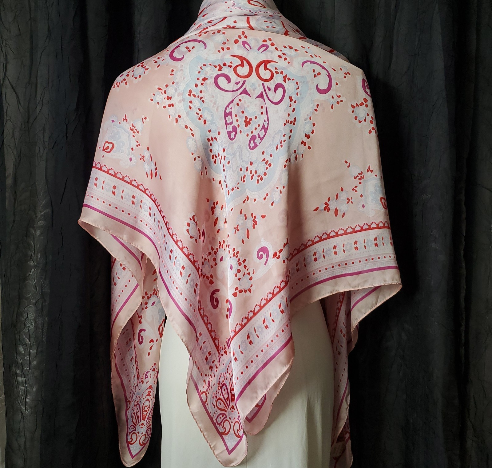 Women’s Silky Satin Scarf Wrap Shawl PINK MEDALLION FLORAL Max Studio Square 41″