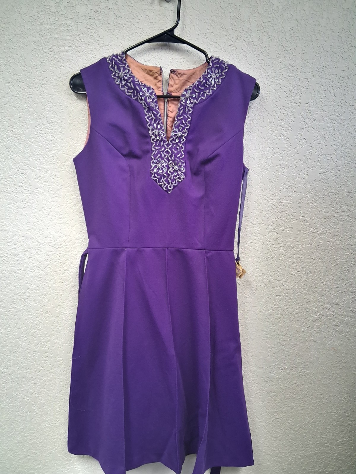 Vintage 60s Mod Dress Embellished Women’s Purple Sleeveless Belt Sz 13