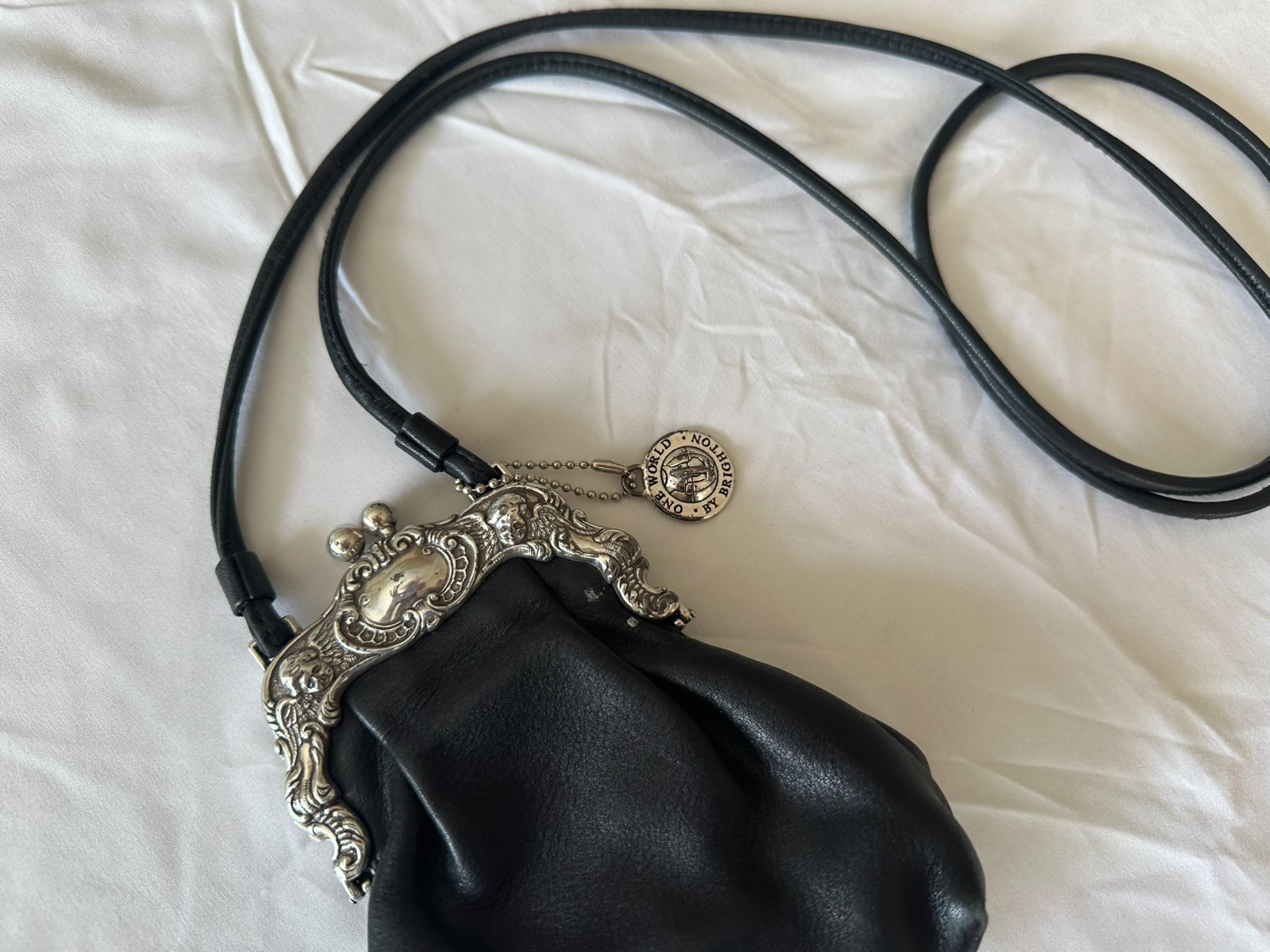 RARE VINTAGE Brighton “One World” Black Leather Stacy Crossbody Purse