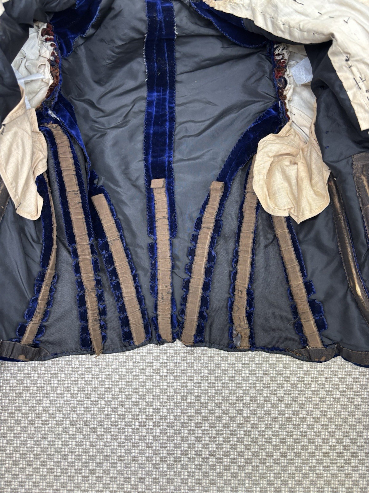 Antique Victorian Royal Blue Velvet Brown Stripes Jacket Leg of Mutton Sleeve