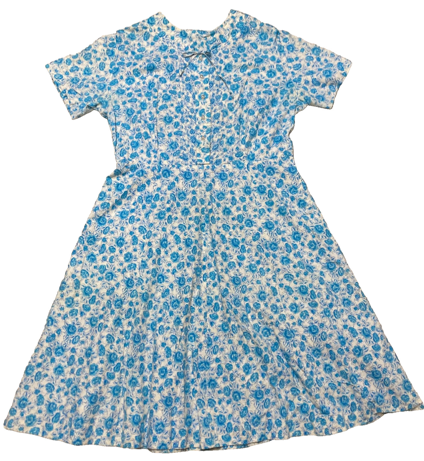 Vintage Dress 1950s Shirtwaist Sundress Blue Floral Cotton A-Line Button Up