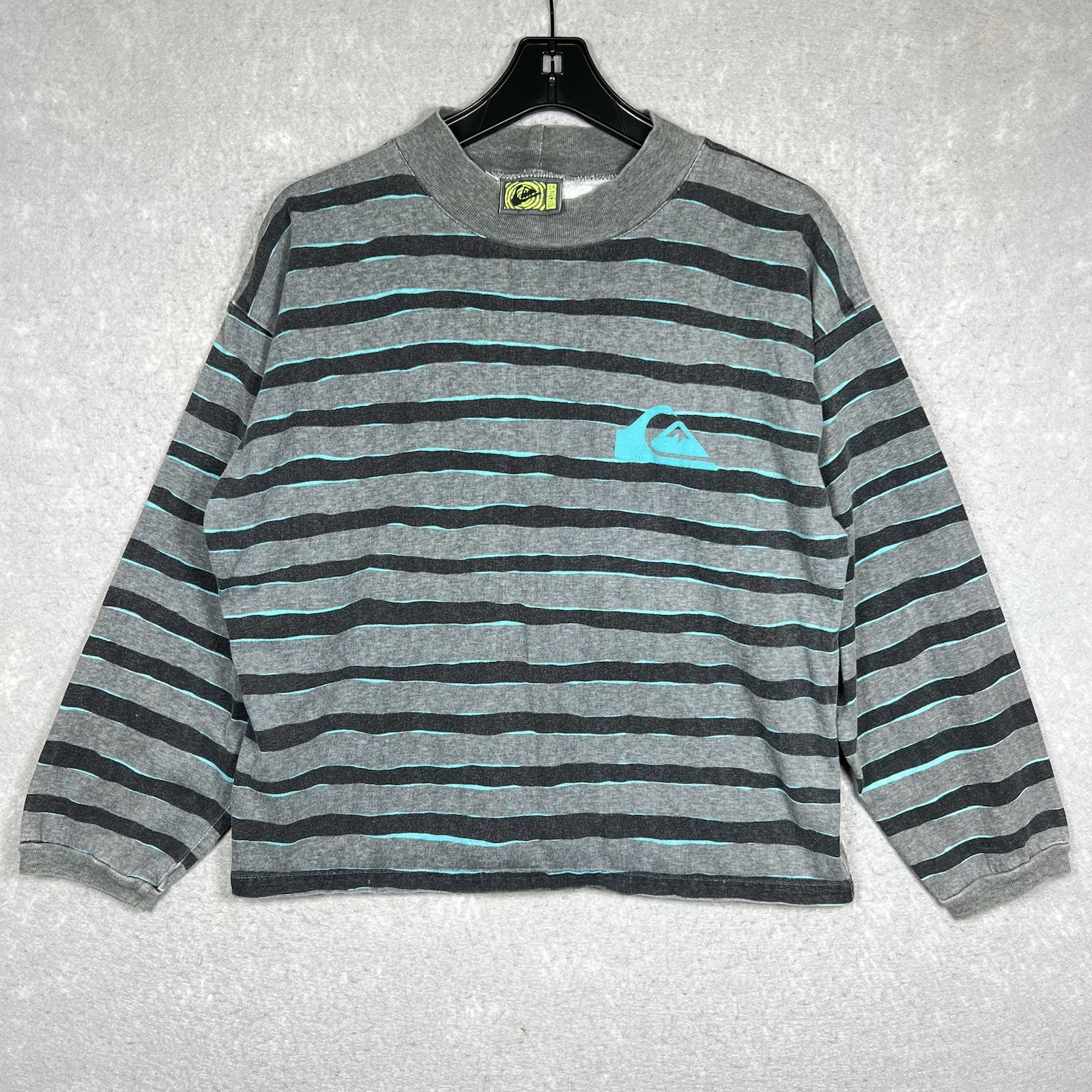Vintage 80s Quiksilver T-Shirt Medium Striped Blue,Grey,Black Long Sleeve RARE