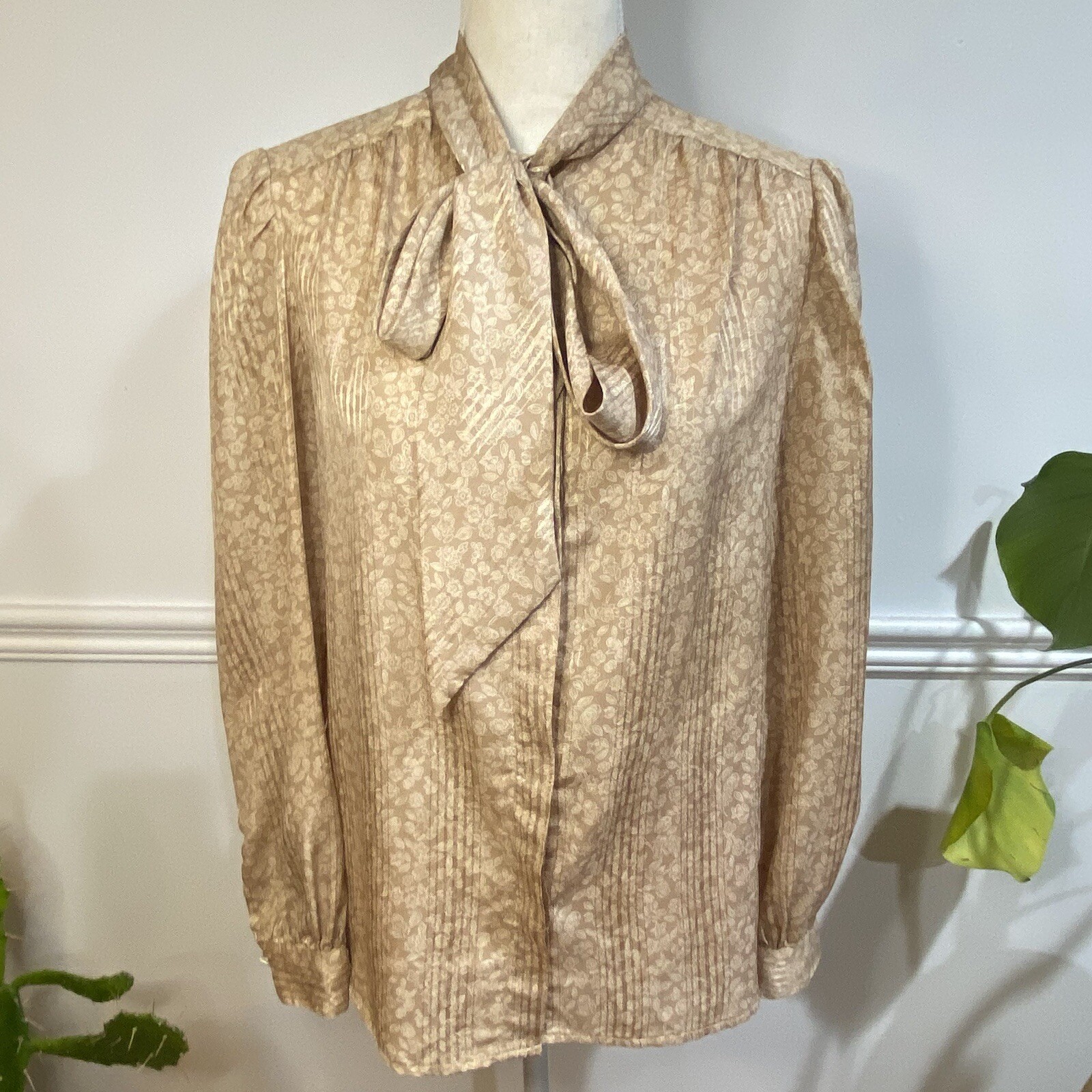 Vintage 80s Evan Picone Petite Blouse Skirt Outfit Womens XS Sheer Beige Satin