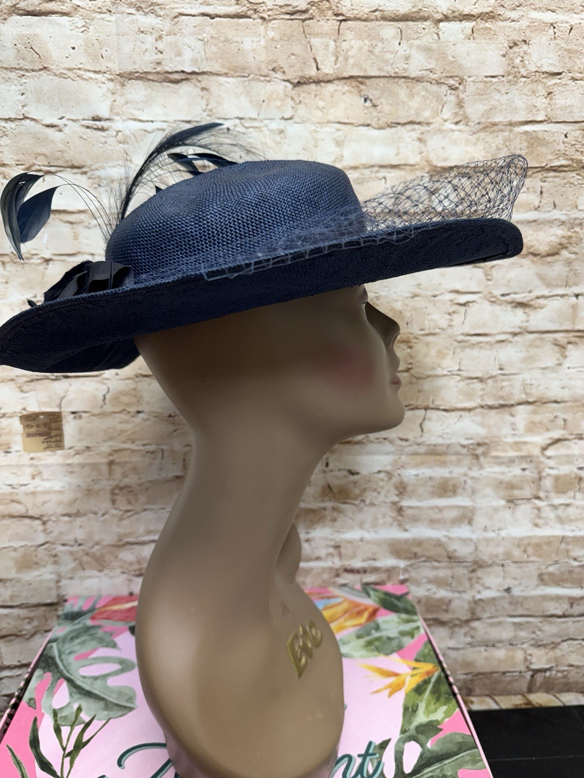 Michael Howard VTG navy Blue Fascinator Hat w/feathers & Netting Church, Derby