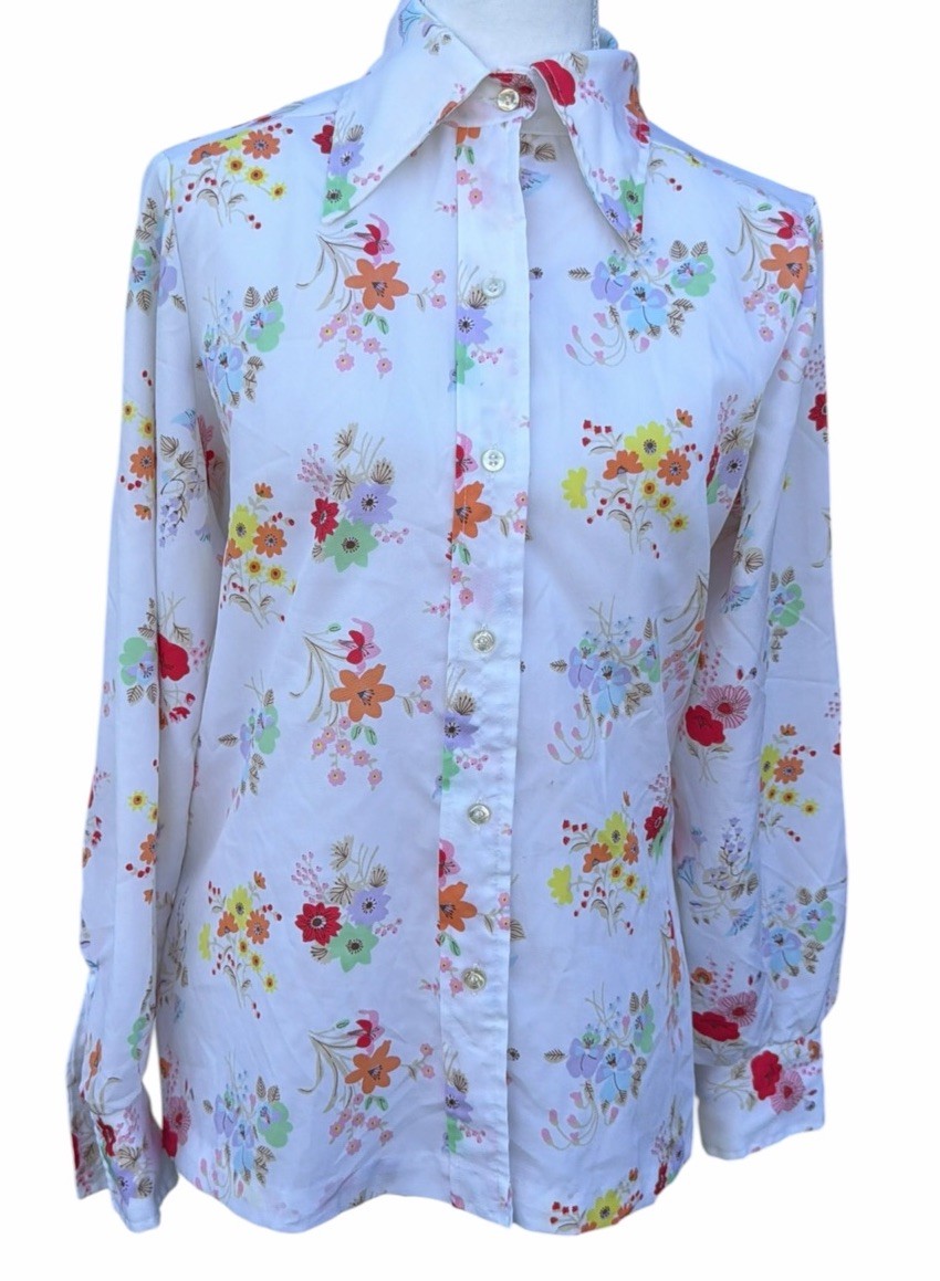 Vintage 70s Lady Arrow Floral Blouse Large Disco Dagger Collar Polyester