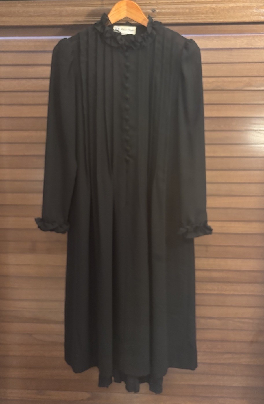 Albert Nipon Vintage 1980s Black Ruffled Pleated Silk Dress ILGWU Made in USA