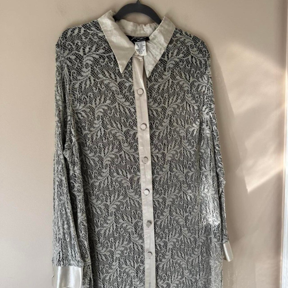 80 / 90s Silver Lace Dress satin collar covered buttons midi maxi long sleeve