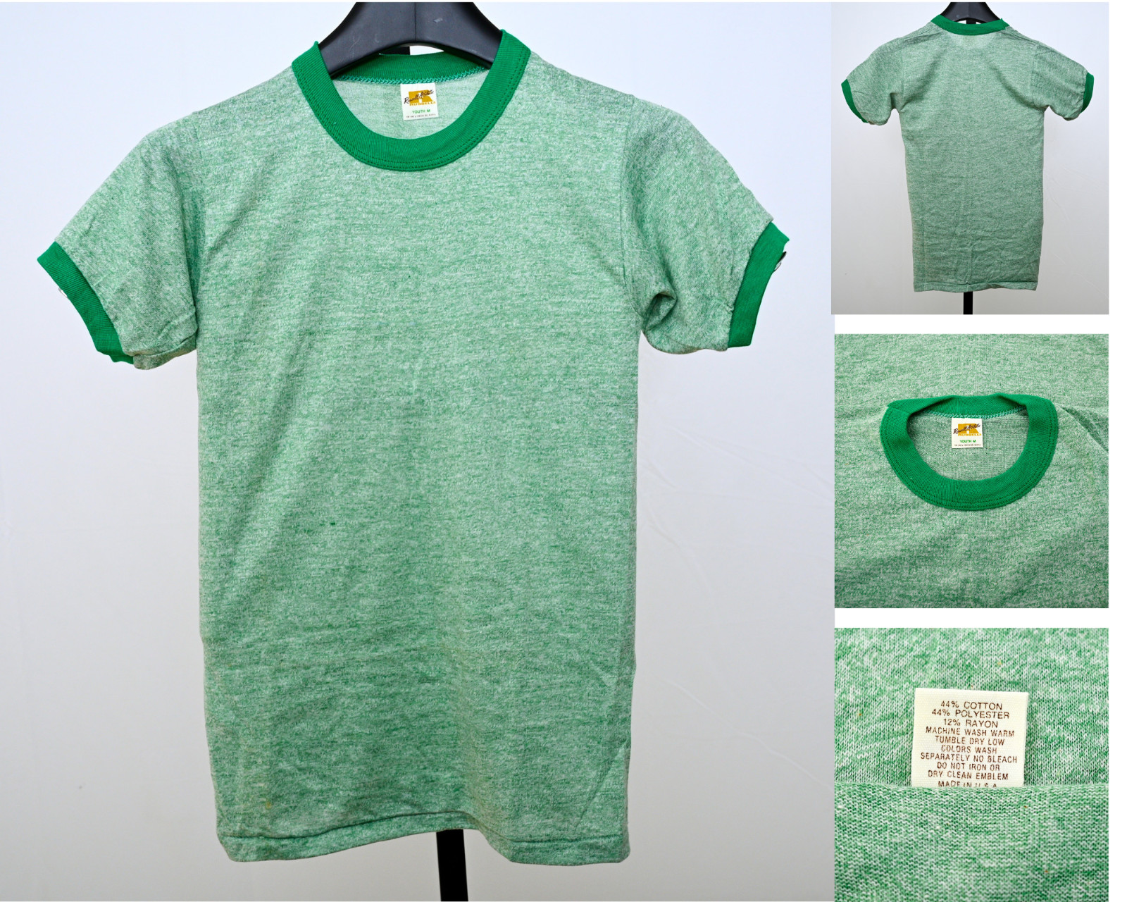 Vintage Russell Athletic Youth M Ringer T-Shirt Heather Green Made USA