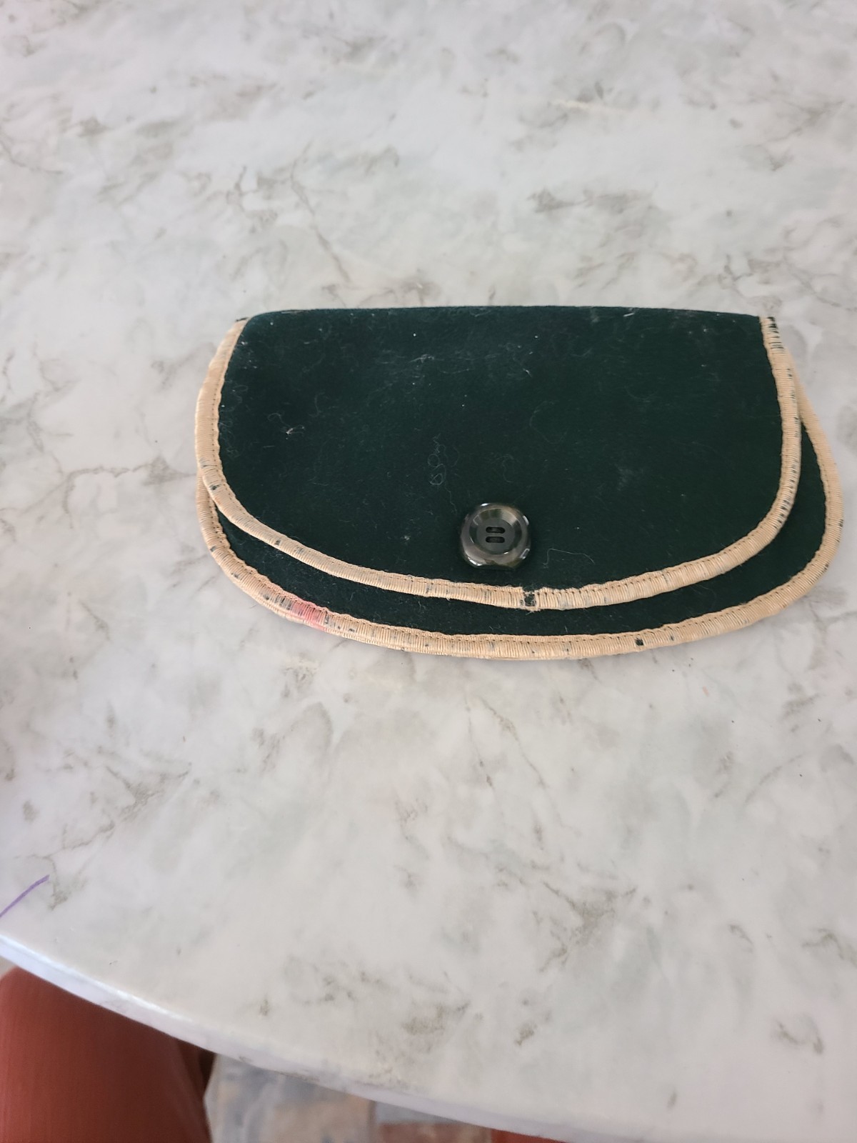 Antique Green Felt Pouch with Tan Trim, Button Closure, & Belt Loop (Fox Hunt?)