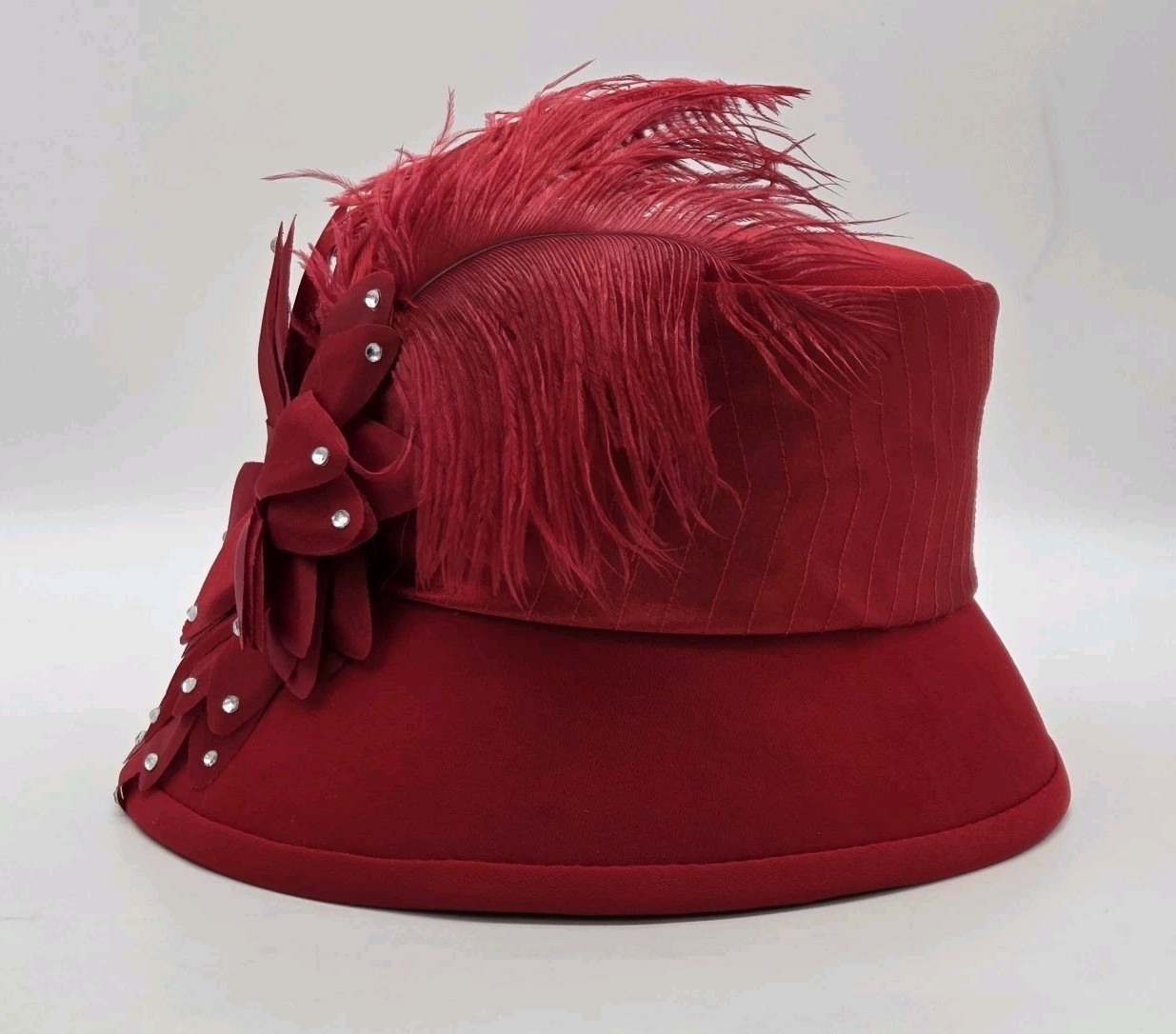 ML Studio Church Hat Red Cloche Derby Style Feathered Flower VTG 80s