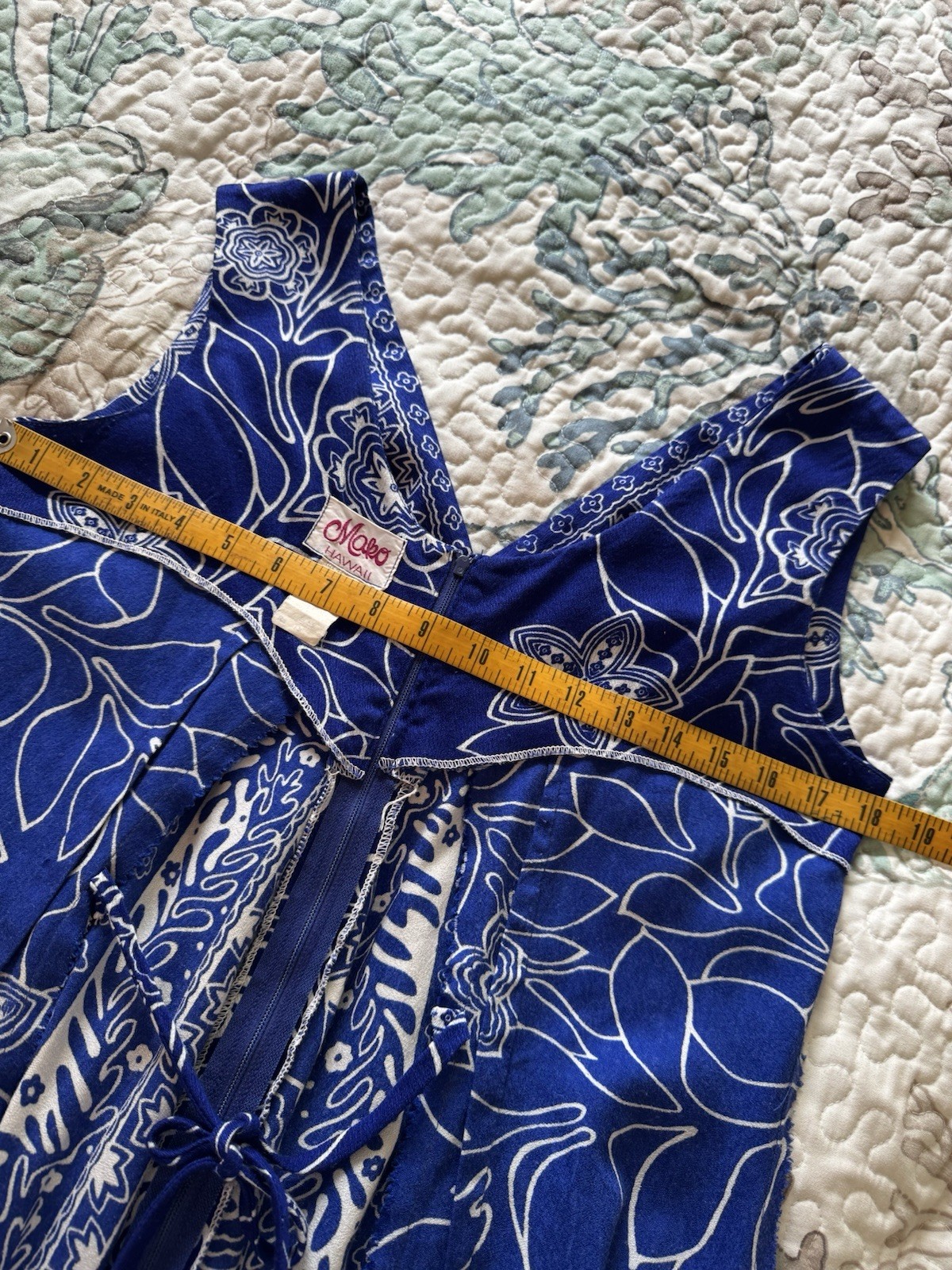 Vintage 60s BLUE MAKO Muumuu Dress waterfall back 12 M/L HAWAII VACATION CRUISE