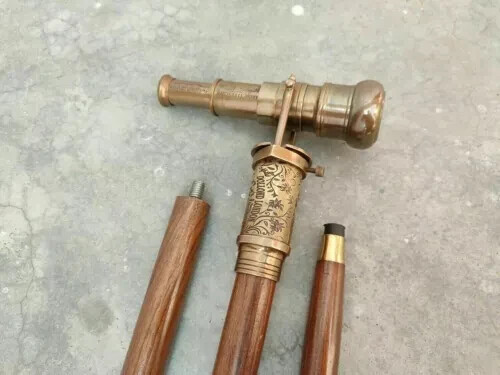 Brass Telescope Compass On Top Head Handle Wooden Walking Stick Cane Hidden Gift