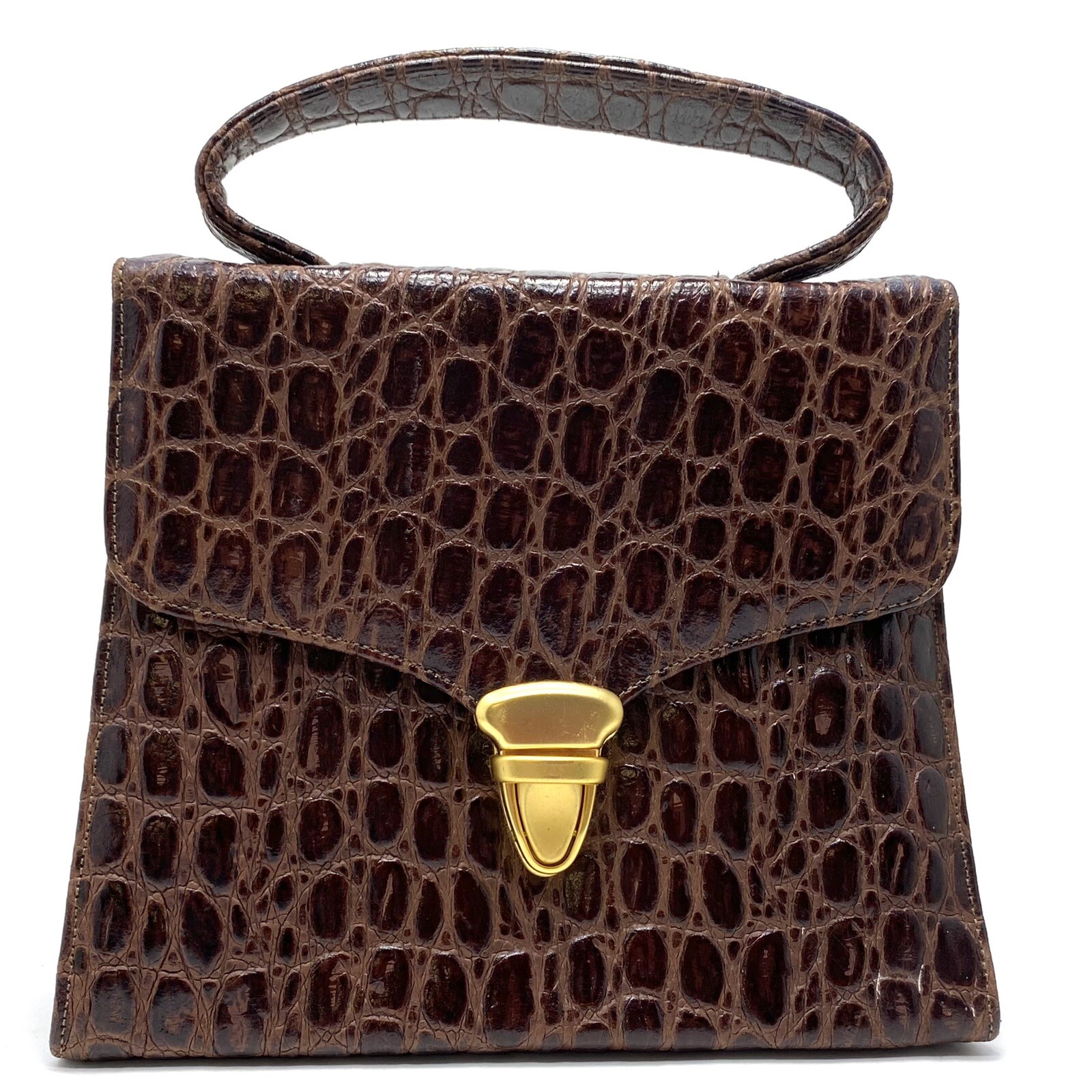 Brown Alligator Embossed Structured Handbag Unknown Material No Tags