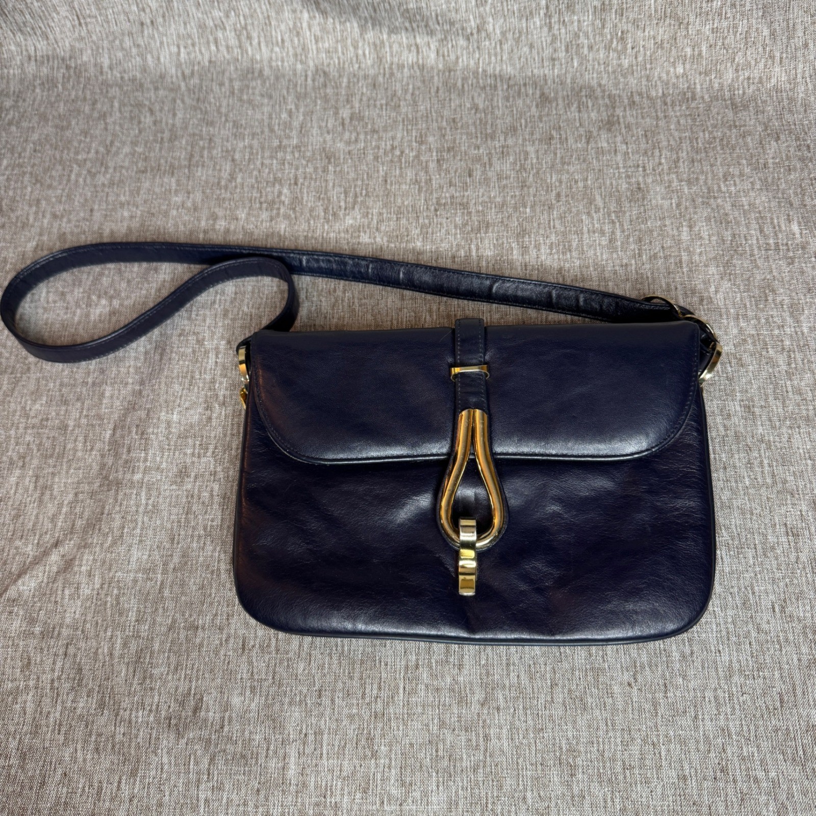 Lederer de Paris Vintage Navy Leather Shoulder Bag Gold Stirrup Hardware France