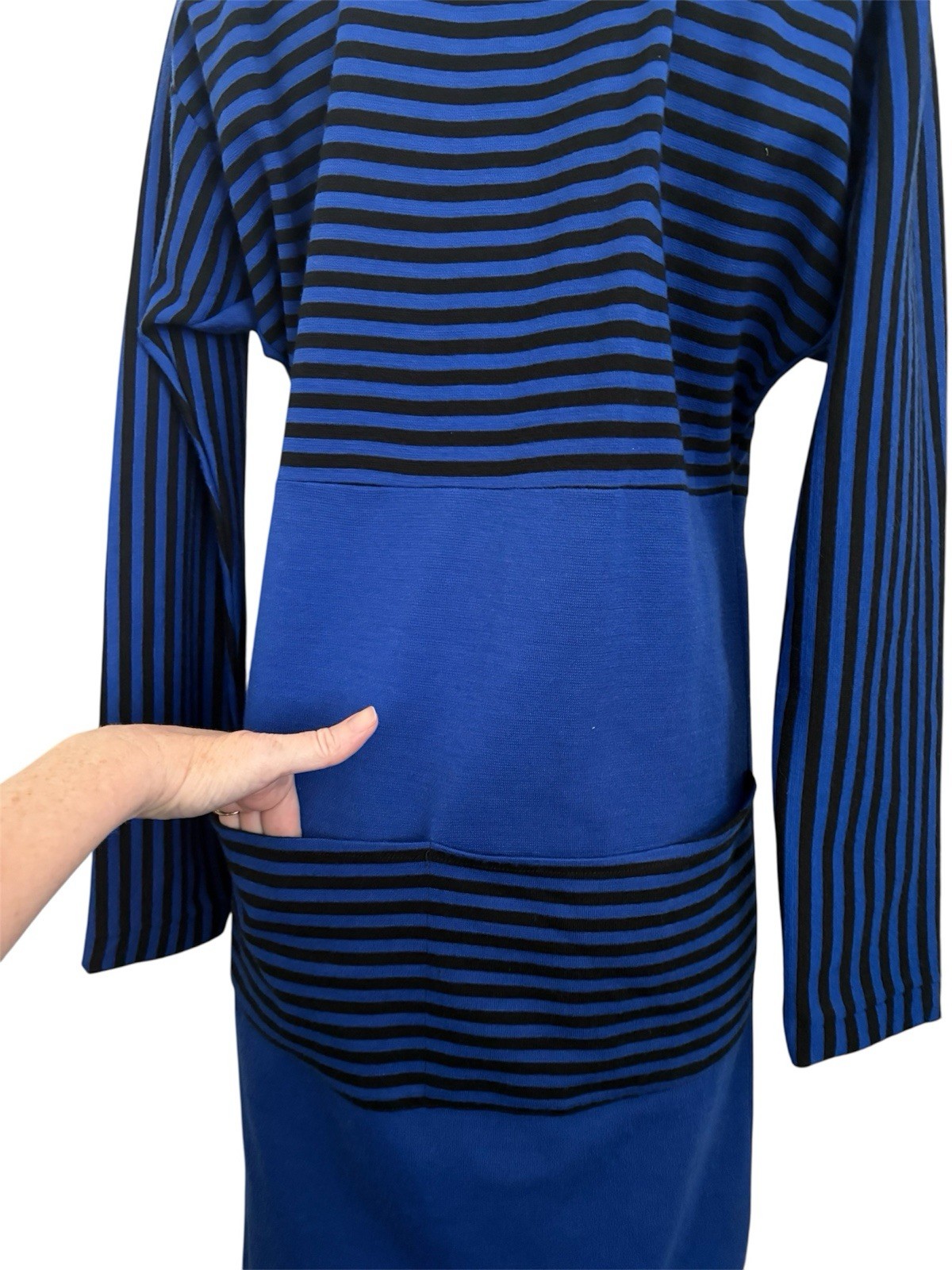 Vintage 80’s FIORUCCI Blue Black Striped Batwing Dress Wool Blend Sz L
