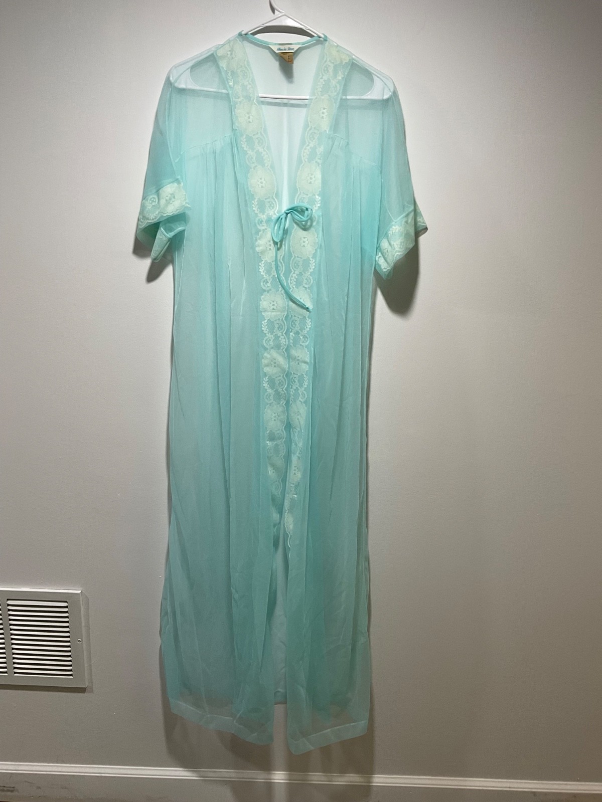 Vintage Movie Star Sheer Lace Tie Robe Lingerie Medium Blue