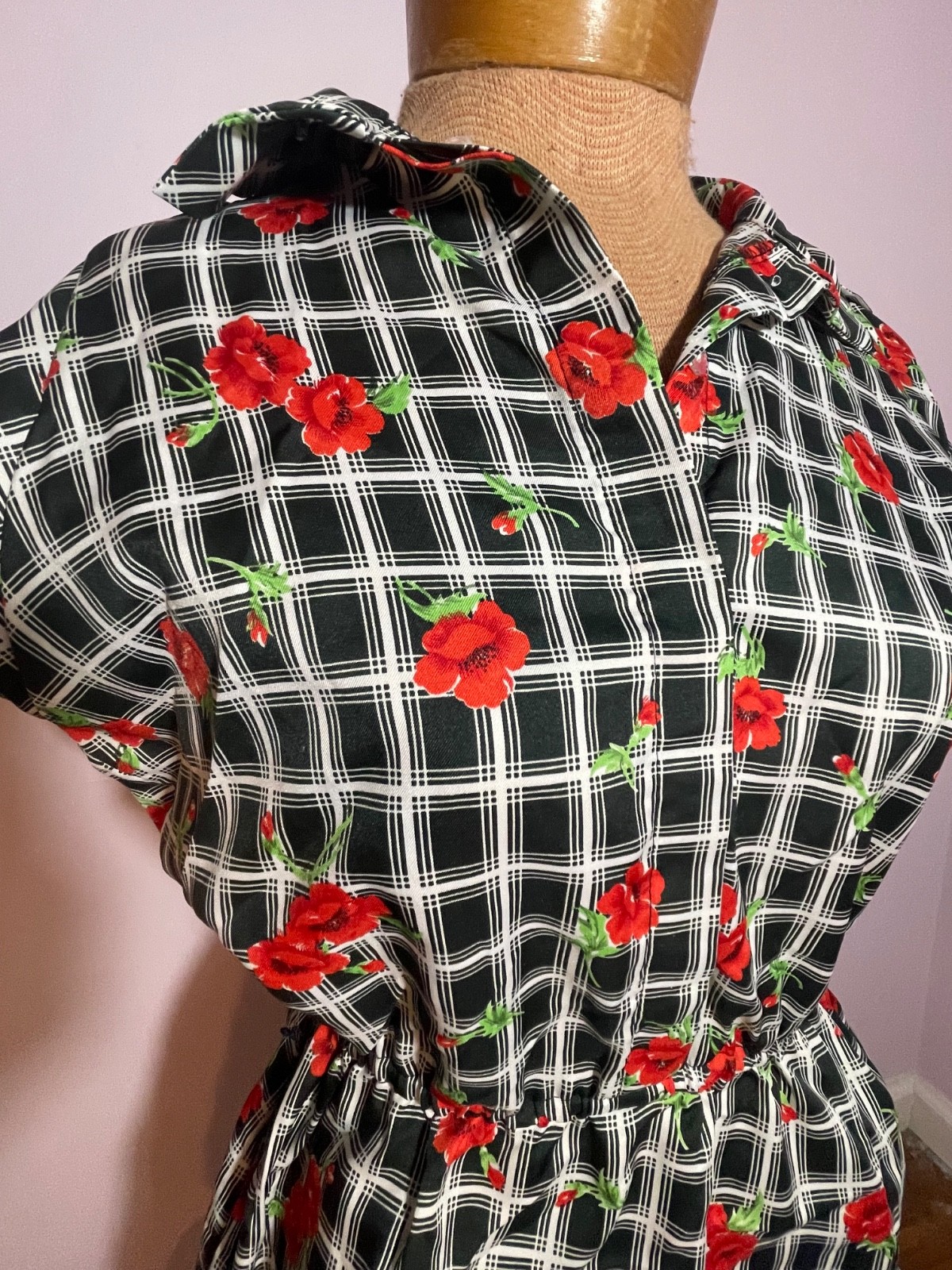 Vtg 70s Sears Poppy Floral Plaid Dress Grandmacore Shirt Dress XS S 1970s Red