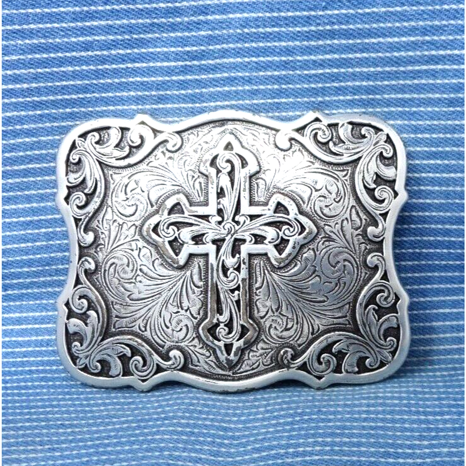 Western Floral Scroll Cross Belt Buckle Religious Cowboy Gothic Vtg 90s .TYC051