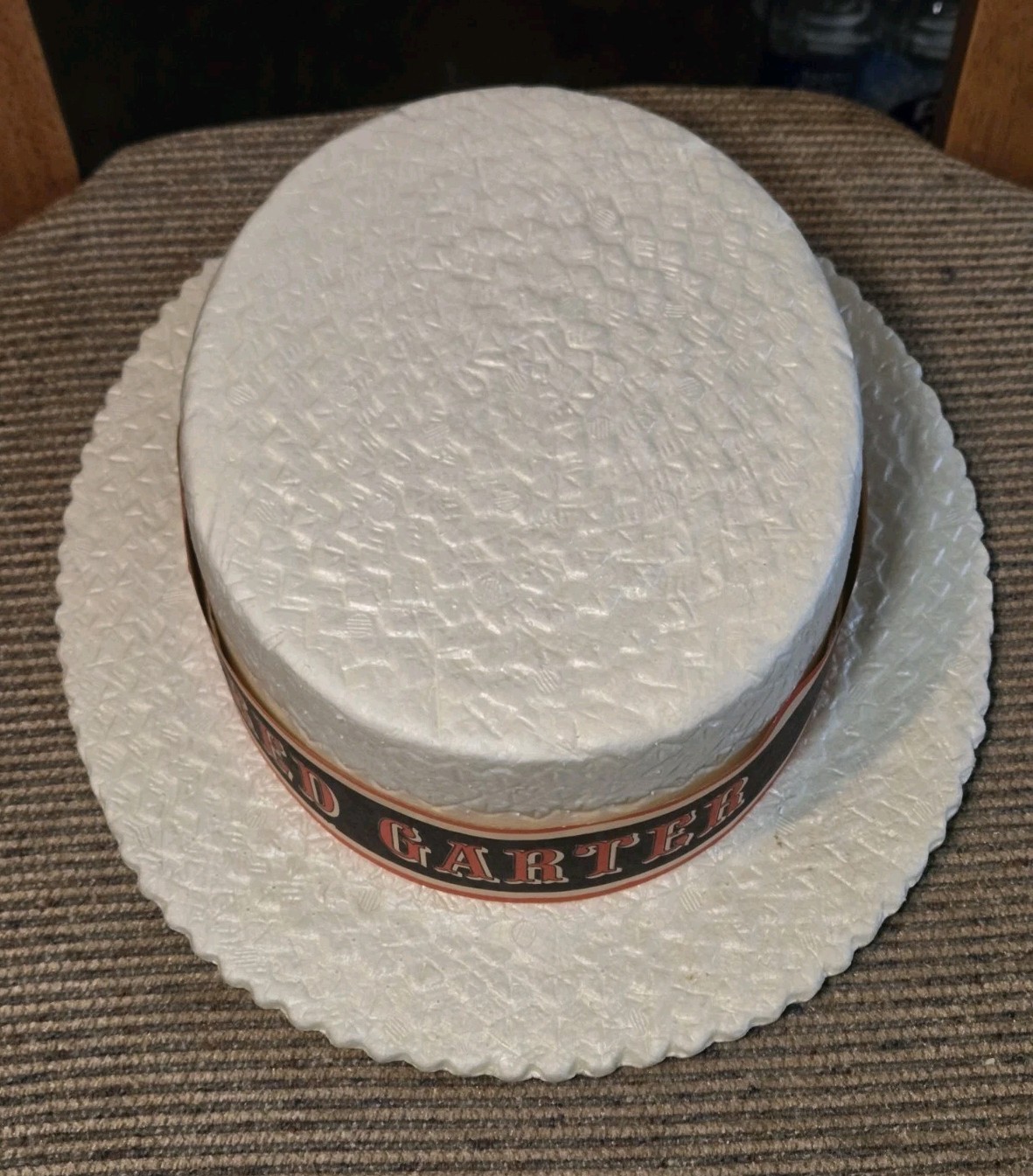 Vintage Red Garter Styrofoam Hat By J HATS W/Paper Ribbon For Barbershop Quartet