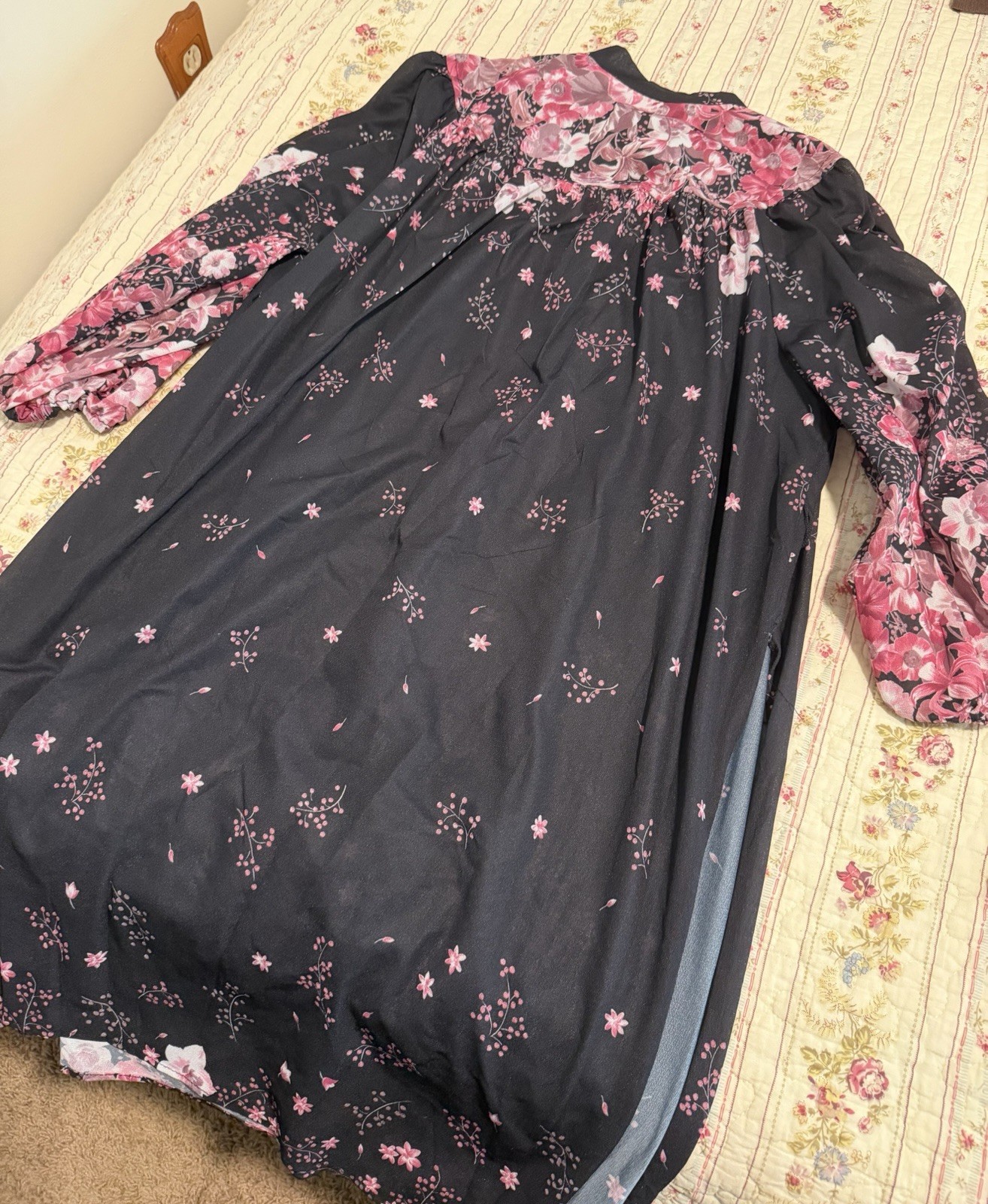 True Vintage 70s Floral Hostess Lounge Dress Semi Sheer Tie Neck Cover Up OSFM