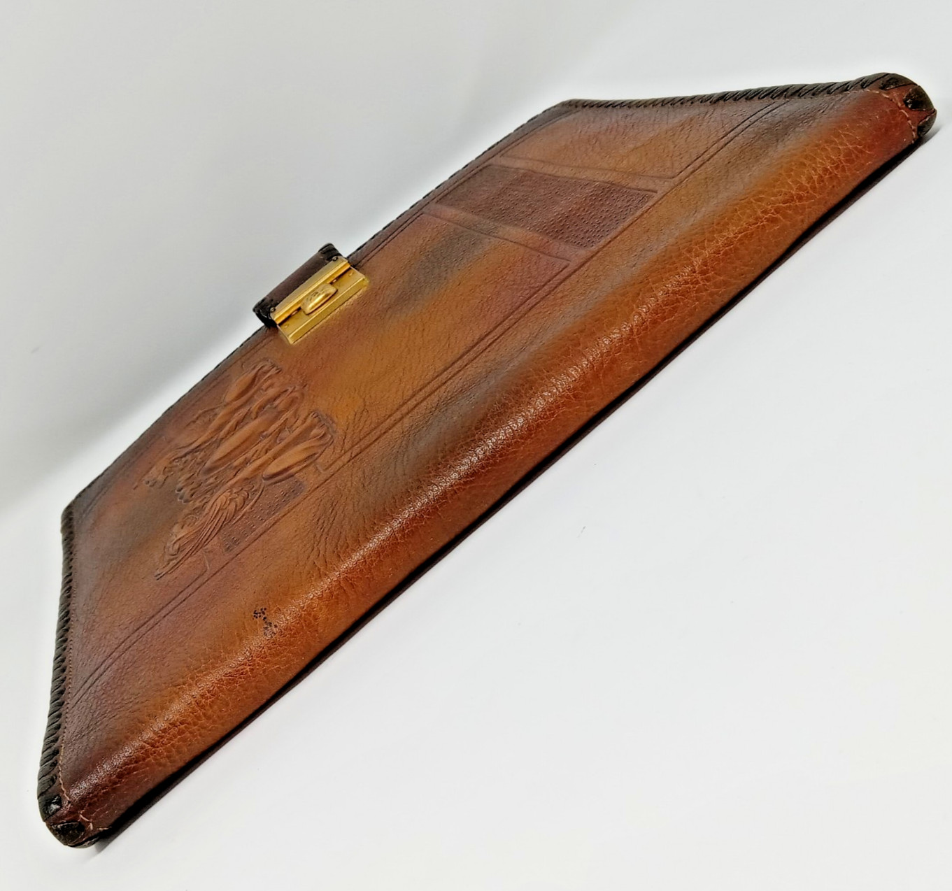Antique Arts & Crafts Large Tooled Leather Writing Portfolio w/Metal Clasp