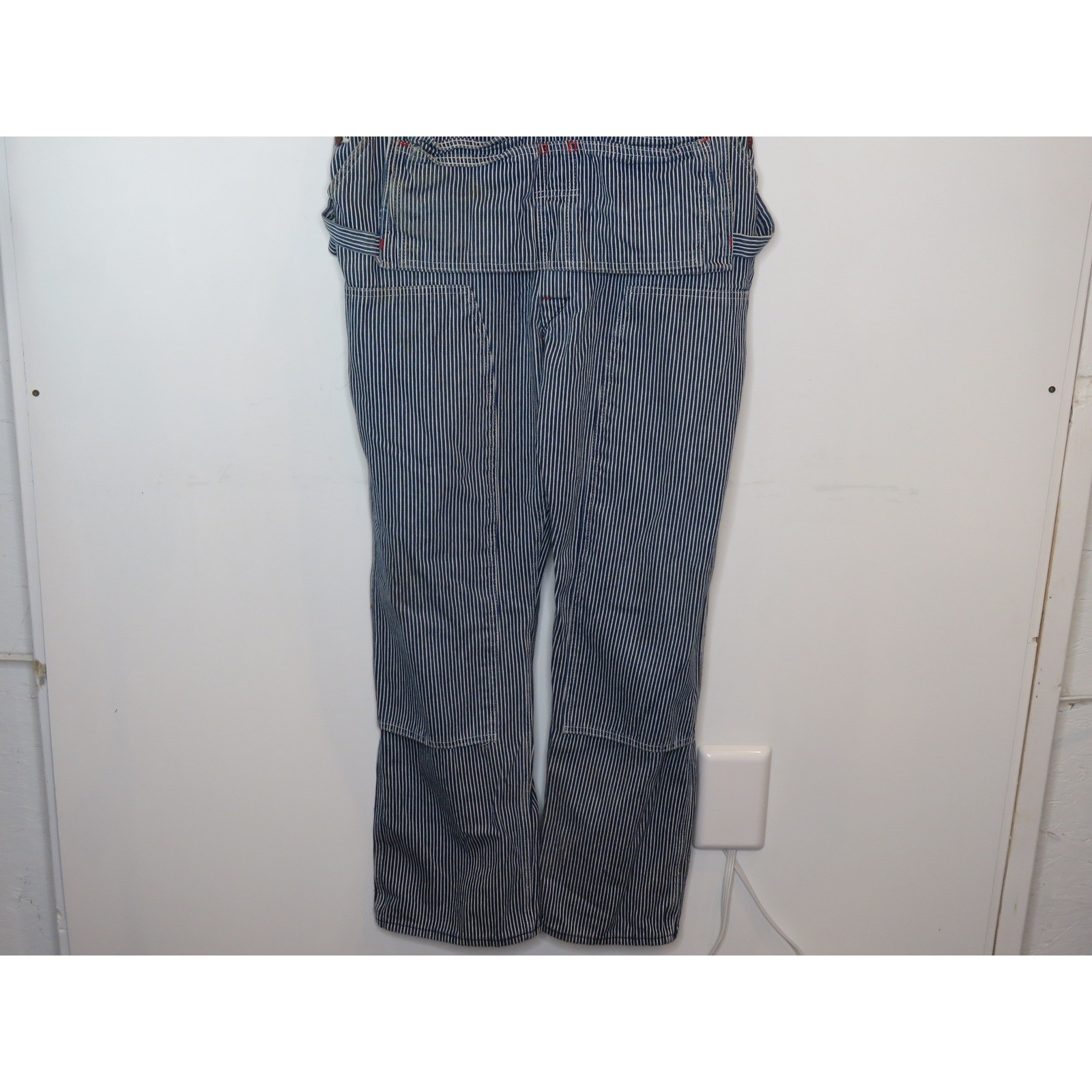 Vintage Round House Bib Overalls 38×32 Blue White Striped Straight Leg Outdoor
